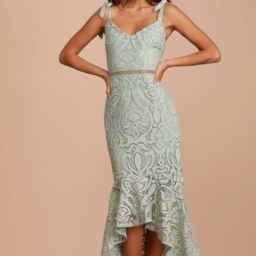 Lulus Won Your Heart Sage Green Lace Tie-strap High-low Midi Dress - Size S